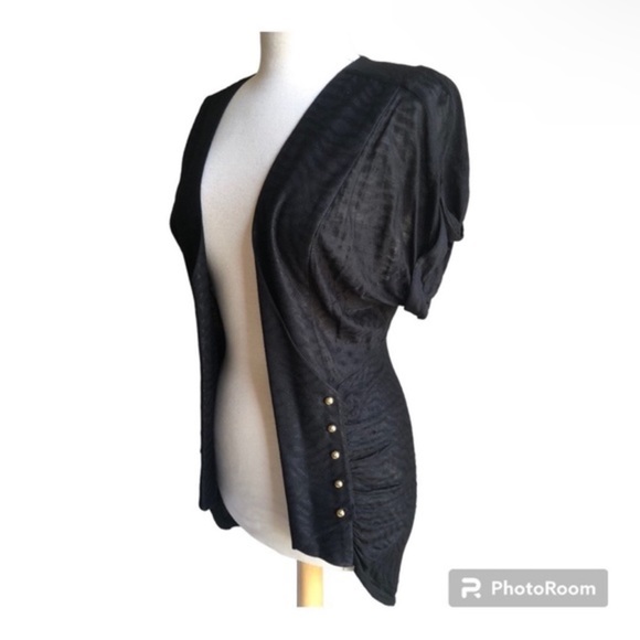 Free People: Military-Style Open Drapey Short Sleeve Cardigan, Black—Size Medium - Picture 3 of 5